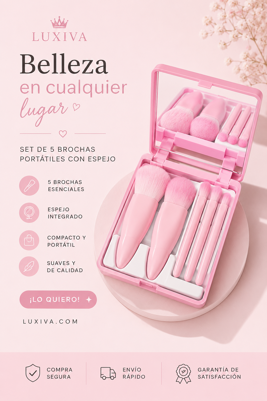 Luxiva Beauty Brush Kit- Set Portatil de 5 Brochas con Espejo
