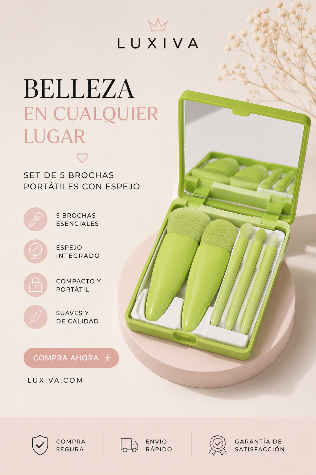 Luxiva Beauty Brush Kit- Set Portatil de 5 Brochas con Espejo