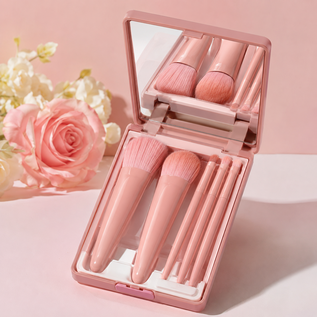 Luxiva Beauty Brush Kit- Set Portatil de 5 Brochas con Espejo